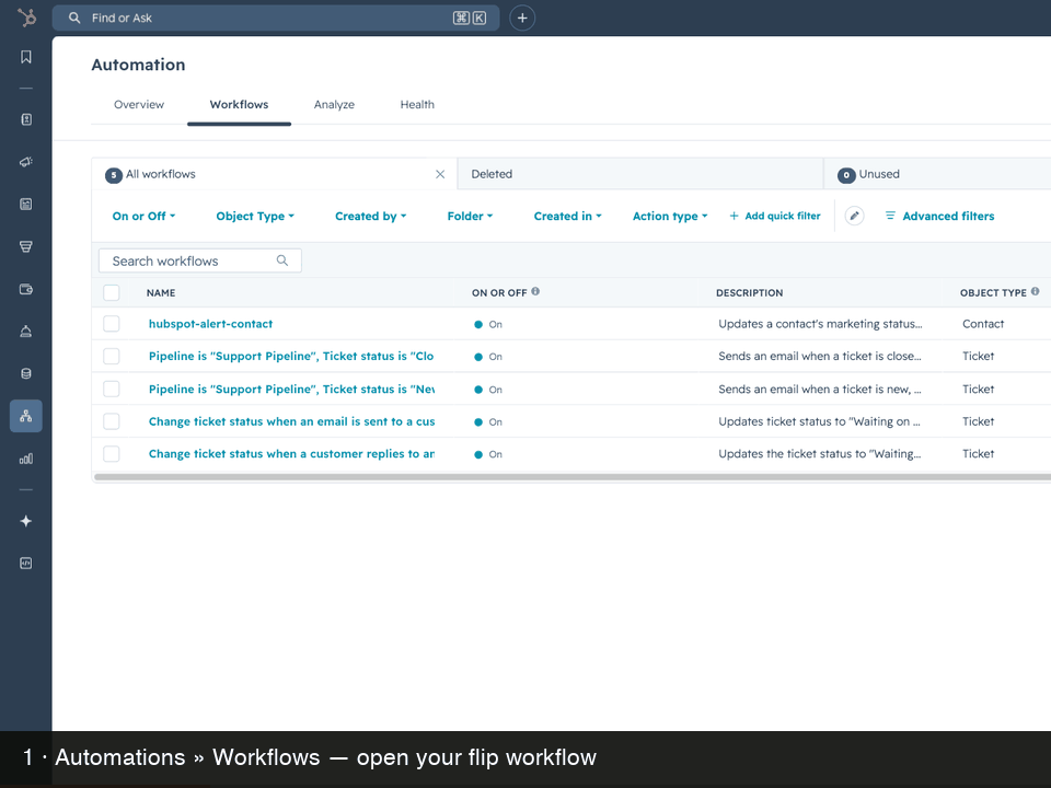 Recording: HubSpot Automations → Workflows list → opening the flip workflow → the Set marketing contact status action